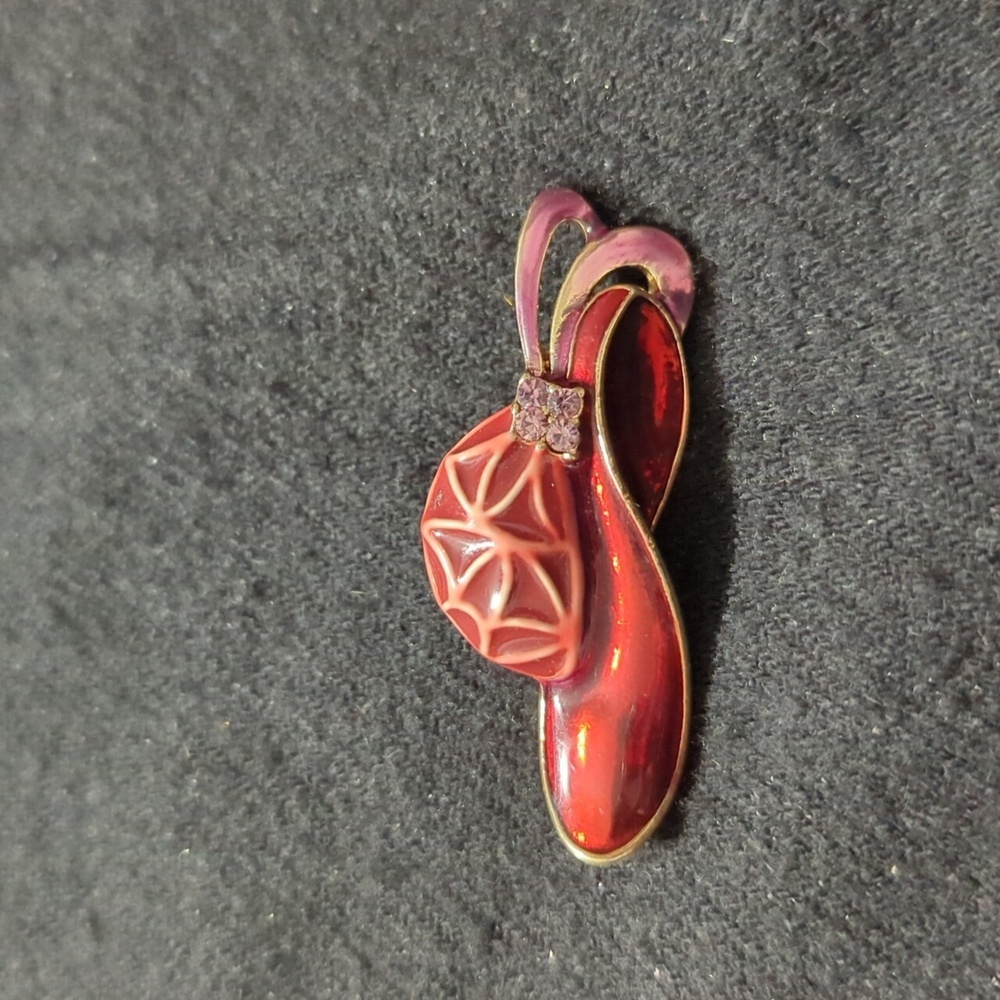 Gold Tone Red Enamel Purple Rhinestone Hat Statement Brooch Pin